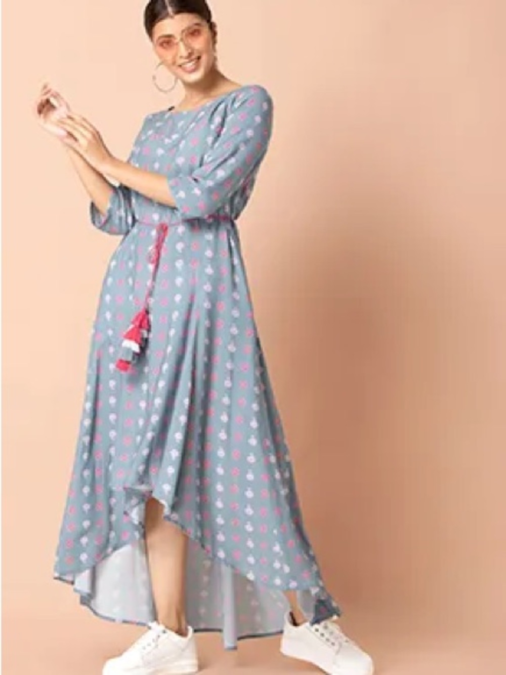 Blue Maxi Dress with Pink Print and Tassel Waist